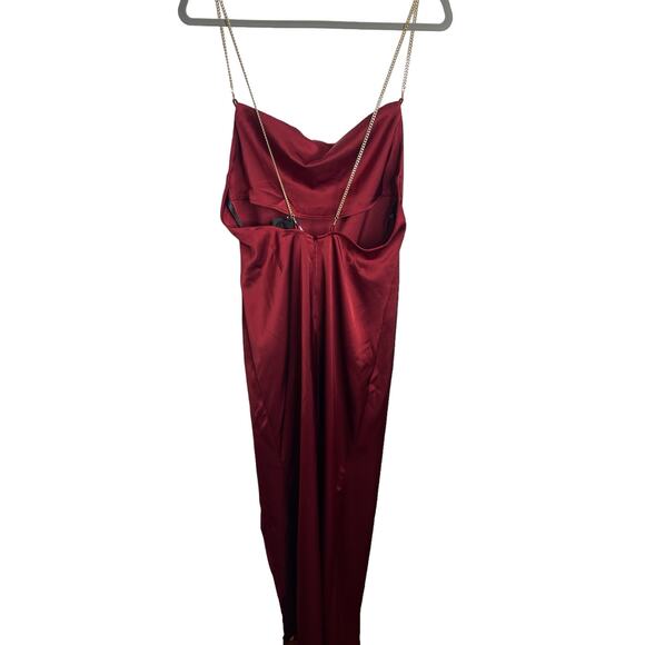 NBD Alessi Gown Satin Ruched Cowl Neck Chain Straps Side Slit Burgundy Size XS - Picture 6 of 13